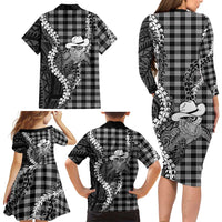 Black Hawaii Palaka Cowboy Turtle Family Matching Long Sleeve Bodycon Dress and Hawaiian Shirt Hawaiian Paniolo Puakenikeni Maile Lei