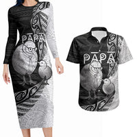 Personalised New Zealand Father's Day Couples Matching Long Sleeve Bodycon Dress and Hawaiian Shirt Papa Kiwi Bird Tribal Pattern DT05 Black - Polynesian Pride