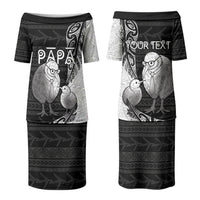 Personalised New Zealand Father's Day Family Matching Puletasi and Hawaiian Shirt Papa Kiwi Bird Tribal Pattern DT05 Mom's Dress Black - Polynesian Pride