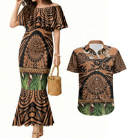Polynesia Maui Tattoo Inspired Couples Matching Mermaid Dress and Hawaiian Shirt Tropical Leaf Skirt Costume