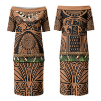 Polynesia Maui Tattoo Inspired Couples Matching Puletasi and Long Sleeve Button Shirt Tropical Leaf Skirt Costume