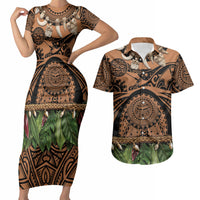Polynesia Maui Tattoo Inspired Couples Matching Short Sleeve Bodycon Dress and Hawaiian Shirt Tropical Leaf Skirt Costume