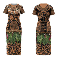 Polynesia Maui Tattoo Inspired Couples Matching Short Sleeve Bodycon Dress and Hawaiian Shirt Tropical Leaf Skirt Costume