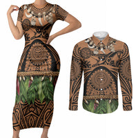 Polynesia Maui Tattoo Inspired Couples Matching Short Sleeve Bodycon Dress and Long Sleeve Button Shirt Tropical Leaf Skirt Costume