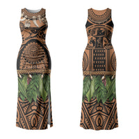 Polynesia Maui Tattoo Inspired Couples Matching Tank Maxi Dress and Hawaiian Shirt Tropical Leaf Skirt Costume