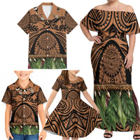 Polynesia Maui Tattoo Inspired Family Matching Off Shoulder Maxi Dress and Hawaiian Shirt Tropical Leaf Skirt Costume