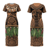 Polynesia Maui Tattoo Inspired Family Matching Short Sleeve Bodycon Dress and Hawaiian Shirt Tropical Leaf Skirt Costume