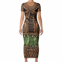 Polynesia Maui Tattoo Inspired Short Sleeve Bodycon Dress Tropical Leaf Skirt Costume