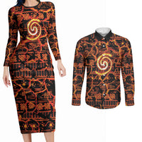 Polynesia Lava Monster Cosplay Couples Matching Long Sleeve Bodycon Dress and Long Sleeve Button Shirt Fiery Glowing Volcano Crack Pattern