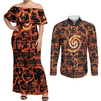 Polynesia Lava Monster Cosplay Couples Matching Off Shoulder Maxi Dress and Long Sleeve Button Shirt Fiery Glowing Volcano Crack Pattern