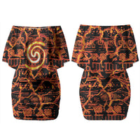 Polynesia Lava Monster Cosplay Couples Matching Off Shoulder Short Dress and Long Sleeve Button Shirt Fiery Glowing Volcano Crack Pattern