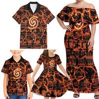 Polynesia Lava Monster Cosplay Family Matching Off Shoulder Maxi Dress and Hawaiian Shirt Fiery Glowing Volcano Crack Pattern