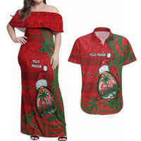 Guam Christmas Couples Matching Off Shoulder Maxi Dress and Hawaiian Shirt Chamorro Seal Hat Santa Tribal Waves - Polynesian Pride