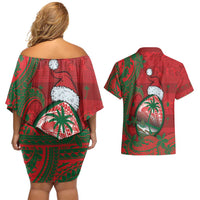Guam Christmas Couples Matching Off Shoulder Short Dress and Hawaiian Shirt Chamorro Seal Hat Santa Tribal Waves - Polynesian Pride