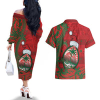 Guam Christmas Couples Matching Off The Shoulder Long Sleeve Dress and Hawaiian Shirt Chamorro Seal Hat Santa Tribal Waves - Polynesian Pride