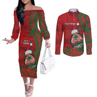 Guam Christmas Couples Matching Off The Shoulder Long Sleeve Dress and Long Sleeve Button Shirt Chamorro Seal Hat Santa Tribal Waves - Polynesian Pride