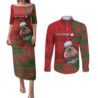 Guam Christmas Couples Matching Puletasi and Long Sleeve Button Shirt Chamorro Seal Hat Santa Tribal Waves DT05 Red - Polynesian Pride