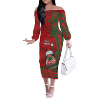 Guam Christmas Family Matching Off The Shoulder Long Sleeve Dress and Hawaiian Shirt Chamorro Seal Hat Santa Tribal Waves - Polynesian Pride