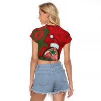 Guam Christmas Raglan Cropped T Shirt Chamorro Seal Hat Santa Tribal Waves - Polynesian Pride