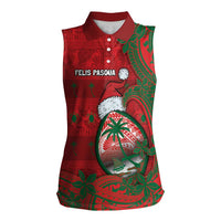 Guam Christmas Women Sleeveless Polo Shirt Chamorro Seal Hat Santa Tribal Waves - Polynesian Pride