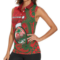 Guam Christmas Women Sleeveless Polo Shirt Chamorro Seal Hat Santa Tribal Waves - Polynesian Pride