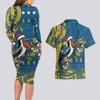 Nauru Christmas Couples Matching Long Sleeve Bodycon Dress and Hawaiian Shirt Frigatebird Bird Santa Tribal Waves DT05 - Polynesian Pride