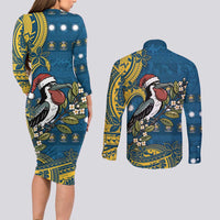 Nauru Christmas Couples Matching Long Sleeve Bodycon Dress and Long Sleeve Button Shirt Frigatebird Bird Santa Tribal Waves - Polynesian Pride