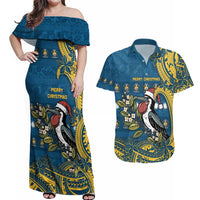 Nauru Christmas Couples Matching Off Shoulder Maxi Dress and Hawaiian Shirt Frigatebird Bird Santa Tribal Waves - Polynesian Pride