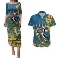 Nauru Christmas Couples Matching Puletasi and Hawaiian Shirt Frigatebird Bird Santa Tribal Waves - Polynesian Pride