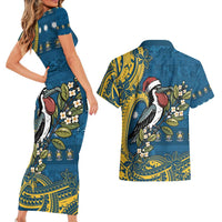 Nauru Christmas Couples Matching Short Sleeve Bodycon Dress and Hawaiian Shirt Frigatebird Bird Santa Tribal Waves DT05 - Polynesian Pride