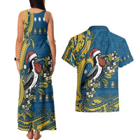 Nauru Christmas Couples Matching Tank Maxi Dress and Hawaiian Shirt Frigatebird Bird Santa Tribal Waves - Polynesian Pride