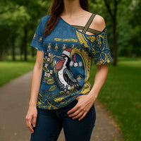 Nauru Christmas Cross Shoulder Shirt Frigatebird Bird Santa Tribal Waves - Polynesian Pride