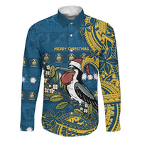 Nauru Christmas Family Matching Mermaid Dress and Hawaiian Shirt Frigatebird Bird Santa Tribal Waves DT05 Dad's Shirt - Long Sleeve Deep Blue - Polynesian Pride