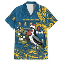 Nauru Christmas Family Matching Off Shoulder Maxi Dress and Hawaiian Shirt Frigatebird Bird Santa Tribal Waves DT05 Dad's Shirt - Short Sleeve Deep Blue - Polynesian Pride