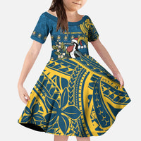 Nauru Christmas Kid Short Sleeve Dress Frigatebird Bird Santa Tribal Waves - Polynesian Pride