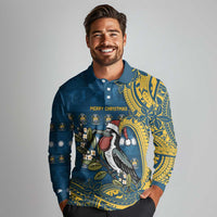 Nauru Christmas Long Sleeve Polo Shirt Frigatebird Bird Santa Tribal Waves - Polynesian Pride