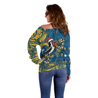Nauru Christmas Off Shoulder Sweater Frigatebird Bird Santa Tribal Waves - Polynesian Pride