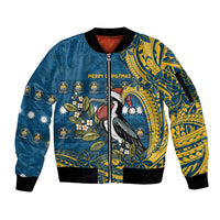 Nauru Christmas Sleeve Zip Bomber Jacket Frigatebird Bird Santa Tribal Waves - Polynesian Pride