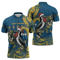 Nauru Christmas Zipper Polo Shirt Frigatebird Bird Santa Tribal Waves - Polynesian Pride