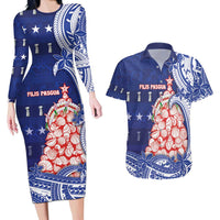 Northern Mariana Islands Christmas Couples Matching Long Sleeve Bodycon Dress and Hawaiian Shirt Seashell Xmas Tree Tribal Waves - Polynesian Pride