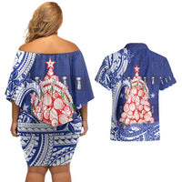 Northern Mariana Islands Christmas Couples Matching Off Shoulder Short Dress and Hawaiian Shirt Seashell Xmas Tree Tribal Waves - Polynesian Pride