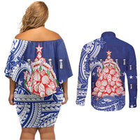 Northern Mariana Islands Christmas Couples Matching Off Shoulder Short Dress and Long Sleeve Button Shirt Seashell Xmas Tree Tribal Waves - Polynesian Pride