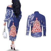 Northern Mariana Islands Christmas Couples Matching Off The Shoulder Long Sleeve Dress and Long Sleeve Button Shirt Seashell Xmas Tree Tribal Waves - Polynesian Pride