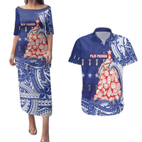 Northern Mariana Islands Christmas Couples Matching Puletasi and Hawaiian Shirt Seashell Xmas Tree Tribal Waves - Polynesian Pride