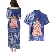Northern Mariana Islands Christmas Couples Matching Puletasi and Hawaiian Shirt Seashell Xmas Tree Tribal Waves - Polynesian Pride