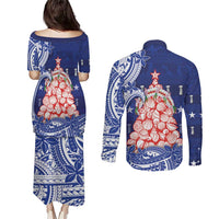 Northern Mariana Islands Christmas Couples Matching Puletasi and Long Sleeve Button Shirt Seashell Xmas Tree Tribal Waves DT05 - Polynesian Pride