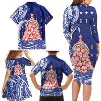 Northern Mariana Islands Christmas Family Matching Long Sleeve Bodycon Dress and Hawaiian Shirt Seashell Xmas Tree Tribal Waves - Polynesian Pride