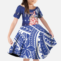 Northern Mariana Islands Christmas Family Matching Off Shoulder Short Dress and Hawaiian Shirt Seashell Xmas Tree Tribal Waves DT05 Daughter's Dress Navy - Polynesian Pride