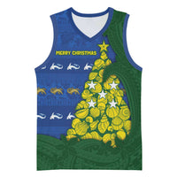 Solomon Islands Christmas Basketball Jersey Seashell Xmas Tree Tribal Waves - Polynesian Pride