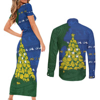 Solomon Islands Christmas Couples Matching Short Sleeve Bodycon Dress and Long Sleeve Button Shirt Seashell Xmas Tree Tribal Waves - Polynesian Pride